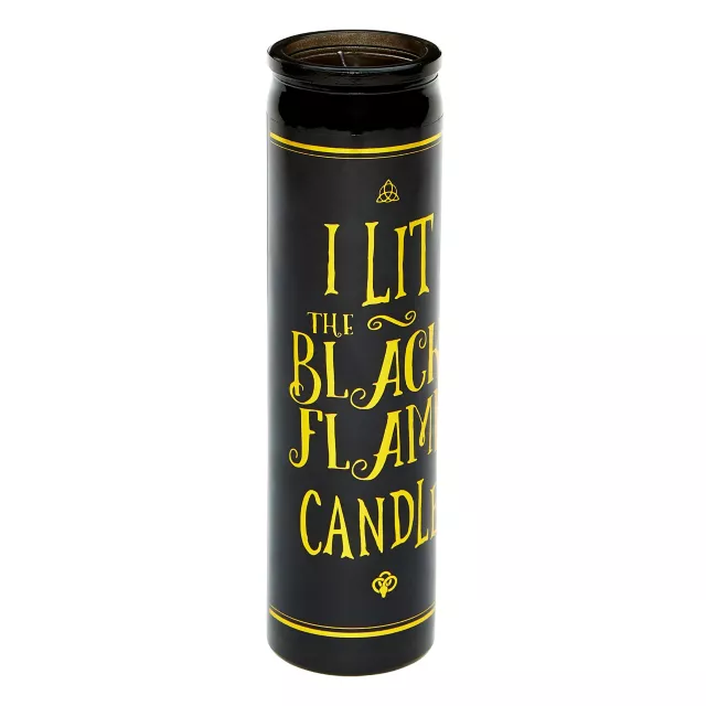 A sleek black candle featuring the text 