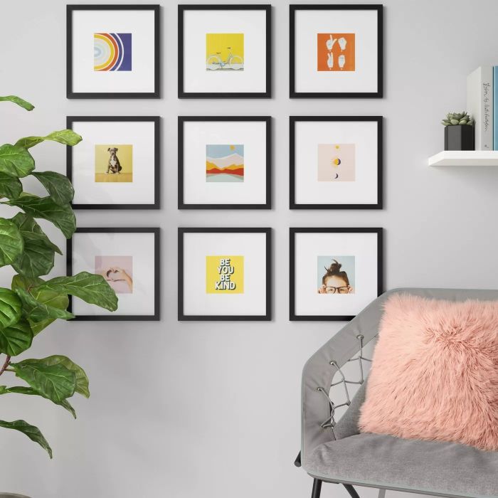 The nine colorful photographs arranged in a gallery wall configuration