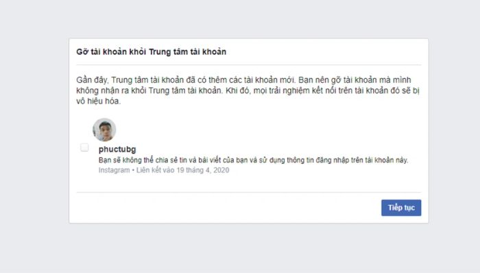 Bước 7: Facebook sẽ liệt kê các tài khoản liên kết với tài khoản của bạn.