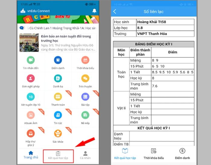 Tra cứu điểm học tập trên ứng dụng Vnedu Connect