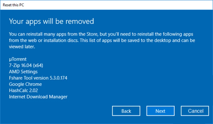 Nhấn Next để tiếp tục quá trình reset