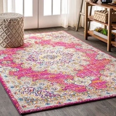 A beautifully patterned area rug, featuring intricate details, stands out in a room with neutral decor, complemented by a woven basket and a wooden shelf, creating a perfect balance of color and texture.