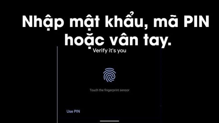 Nhập mật khẩu, mã PIN, hoặc vân tay để tiếp tục quá trình xác thực.