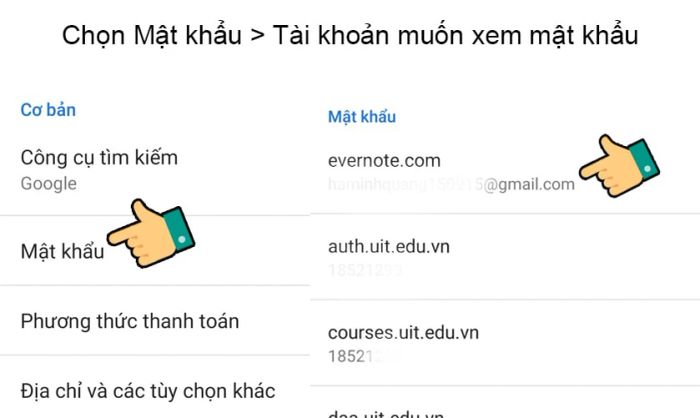 Chọn mục Mật khẩu và tìm tài khoản cần xem lại mật khẩu đã lưu.
