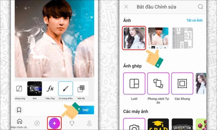 Nhấn vào biểu tượng dấu +, sau đó chọn ảnh bạn muốn chỉnh sửa sau khi tải Picsart