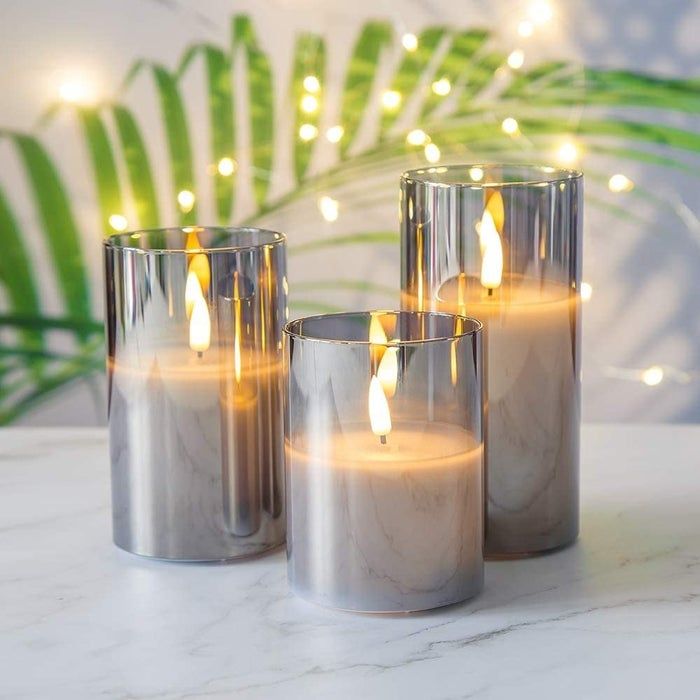 The flameless glass candles are displayed