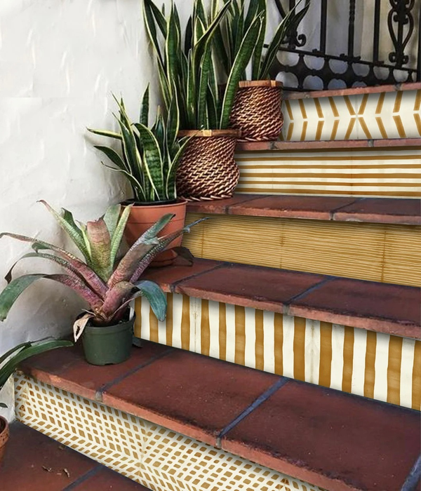 The brown and tan patterned decals on a set of stairs