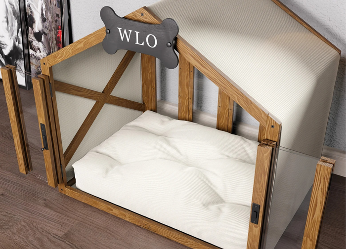 Another view of the wooden gabled dog house, with its doors open to reveal the plush white interior cushion, ready for your dog to relax.