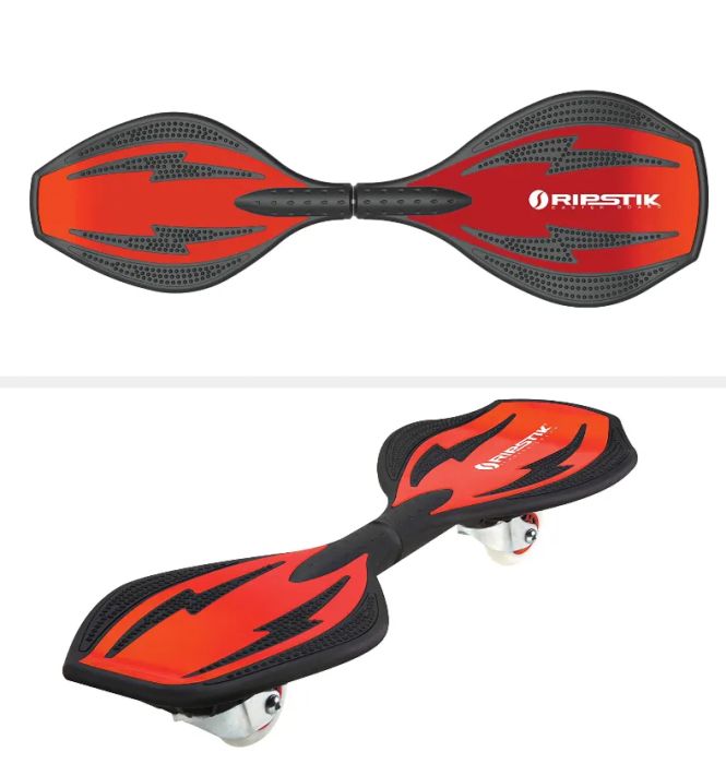 Side-by-side comparison showing a top-down and angled view of the red and black RipStik board