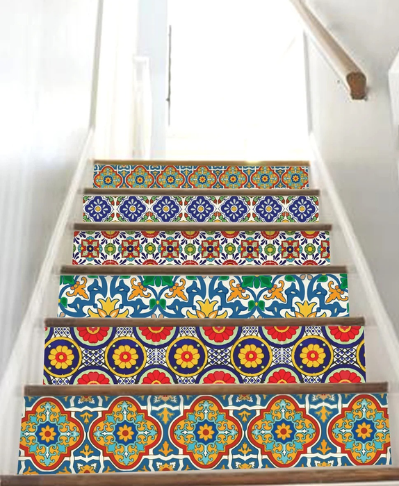 The colorful Spanish tile decals applied to a staircase