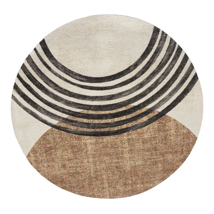 A round rug featuring an abstract geometric pattern, with curved black lines and a textured brown semi-circle, offering a unique and modern touch to any room.