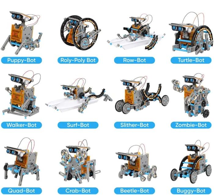 A grid image showcasing 12 different creations made from the robot toy kit