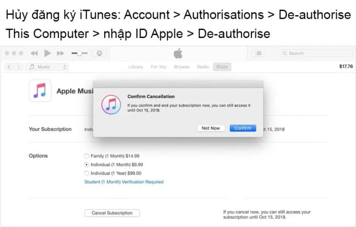 Hủy bỏ đăng ký iTunes khỏi Macbook