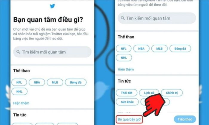 Chọn các mục gợi ý để thiết lập tài khoản Twitter của bạn.