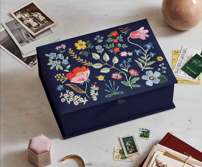 The embroidered box is displayed