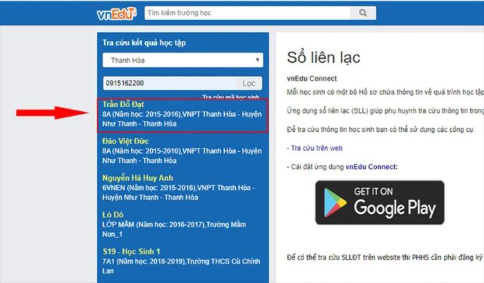 Tra cứu điểm học tập trên trang web