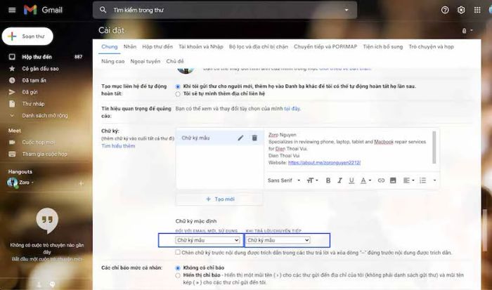 Chọn chữ ký sẽ sử dụng khi gửi email hoặc trả lời email