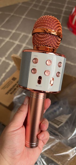 Reviewer holding the microphone in rose gold