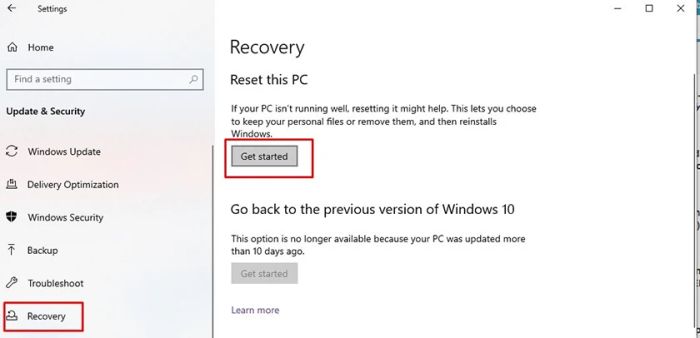 Nhấn Get started để bắt đầu quá trình reset Windows 10