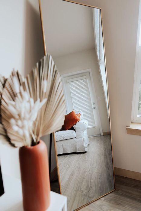 A reviewer showcases the gold-framed mirror leaning against a wall in their living room, adding a chic touch to the decor.