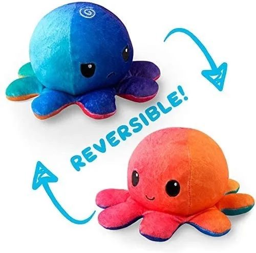 Octopus plush that’s cheerful and orange on one side and sad and blue on the other