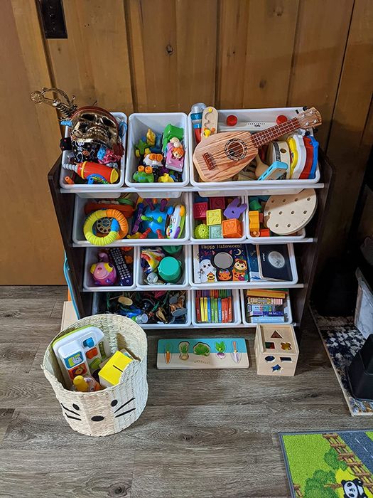 A reviewer’s close-up photo of the toy organizer filled with toys