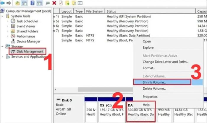 Sau đó, bạn vào Disk Management để tiếp tục quá trình chia ổ cứng.