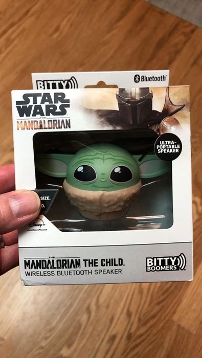 The Baby Yoda speaker in its original packaging