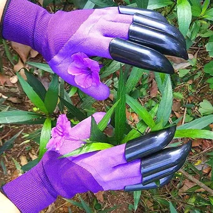 A model showcasing the claw feature of the gloves in a garden setting