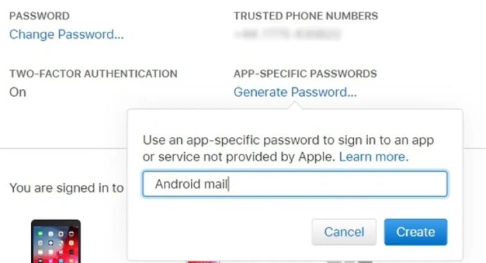 Nhập mô tả cho mật khẩu này và nhấn Create để hoàn tất đăng nhập iCloud.