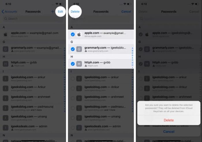 Chọn Delete để xóa mật khẩu