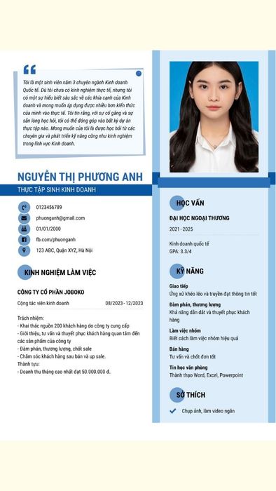 Mẫu CV cho sinh viên chưa có kinh nghiệm ngành kinh doanh