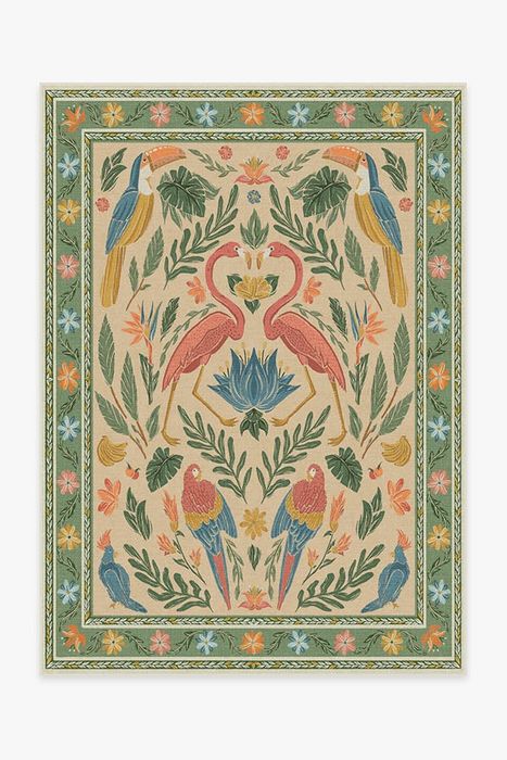 a close-up view of the flamingo-patterned area rug