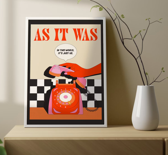 An artistic print depicting a person placing a rotary phone back on its cradle, accompanied by the text