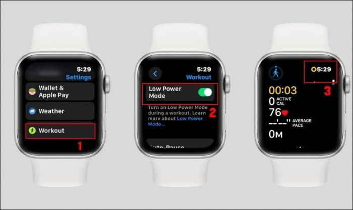 Chuyển sang chế độ tiết kiệm năng lượng sẽ giúp Apple Watch tiết kiệm pin trong suốt quá trình luyện tập.