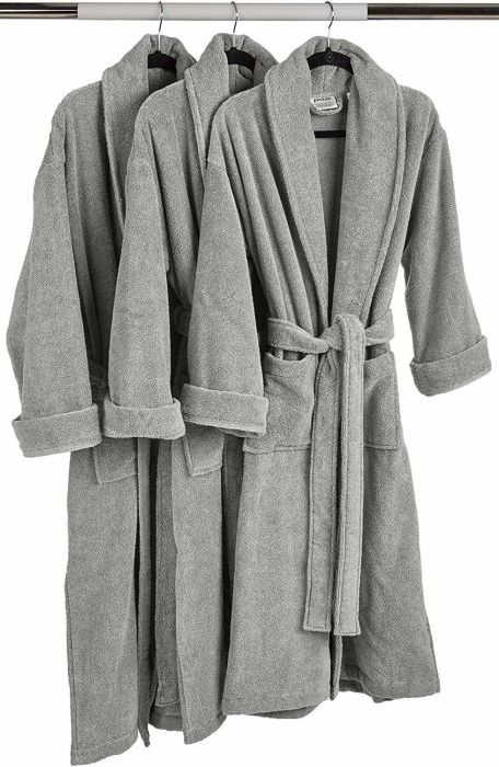 The bathrobe hanging in a soft gray shade.