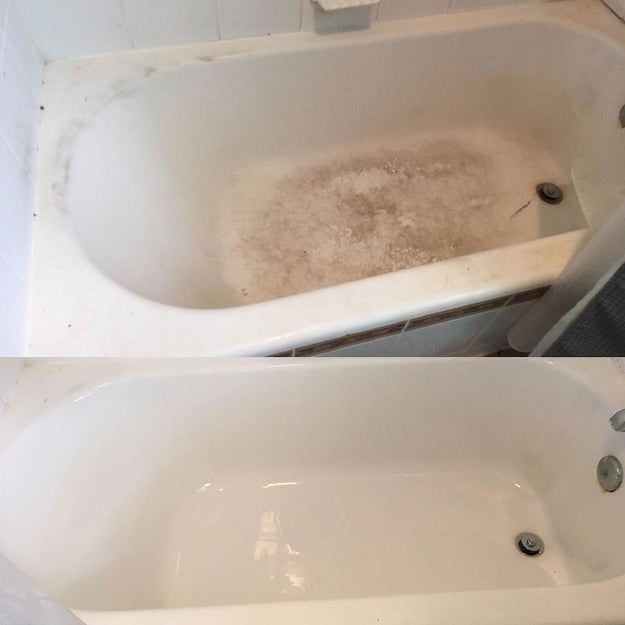 Top: A review photo showing a dirty, stained tub. Bottom: The after-image of the same tub, now sparkling white.
