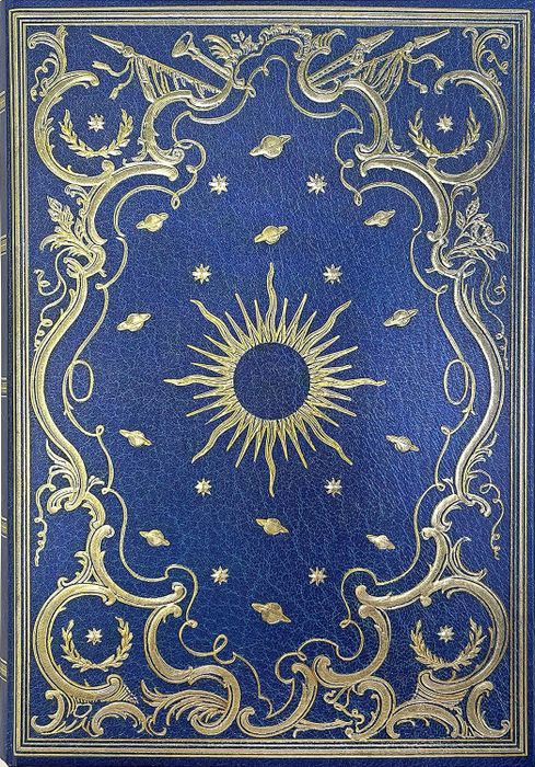 An elaborate book cover design showcasing a central sun encircled by celestial patterns and intricate borders, evoking a luxurious, mystical aesthetic