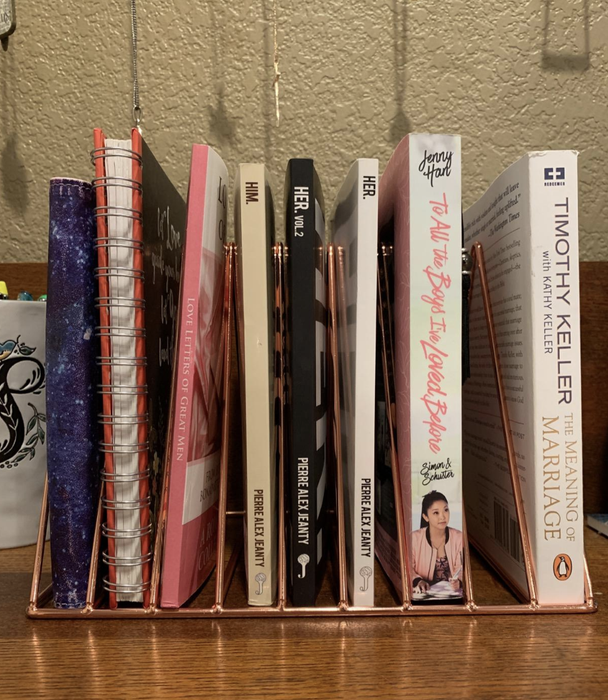 A rose gold triangular file organizer neatly holding books and notebooks