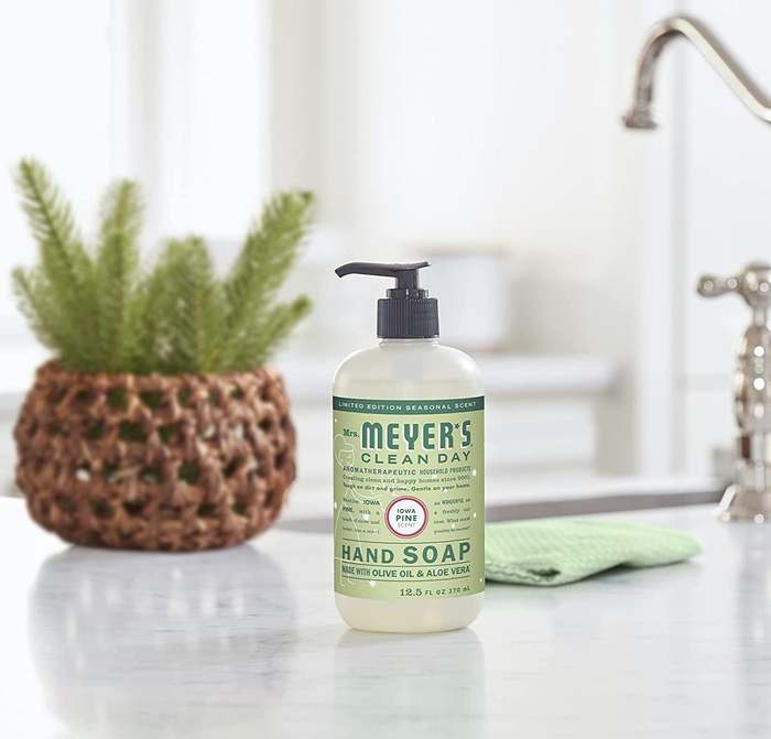 The pine-scented hand soap resting on a kitchen counter beside a small pine plant