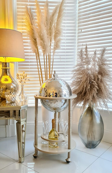 The champagne-colored bar cart featuring a silver disco ball