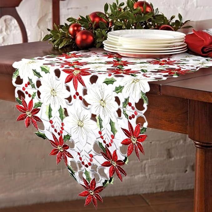 A table runner elegantly draping over the edge of a wooden dining table