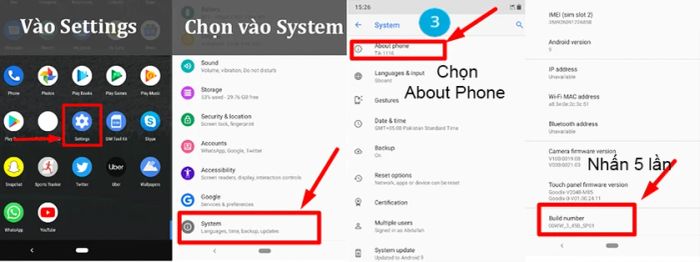 Truy cập vào Cài đặt, cuộn xuống và chọn About Phone → Software information → Nhấn 5 lần vào mục Build number.