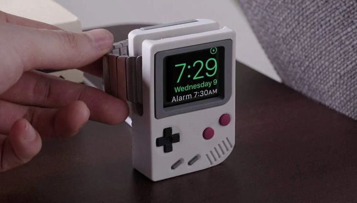 The Apple Watch stand crafted to mimic the iconic Game Boy design.