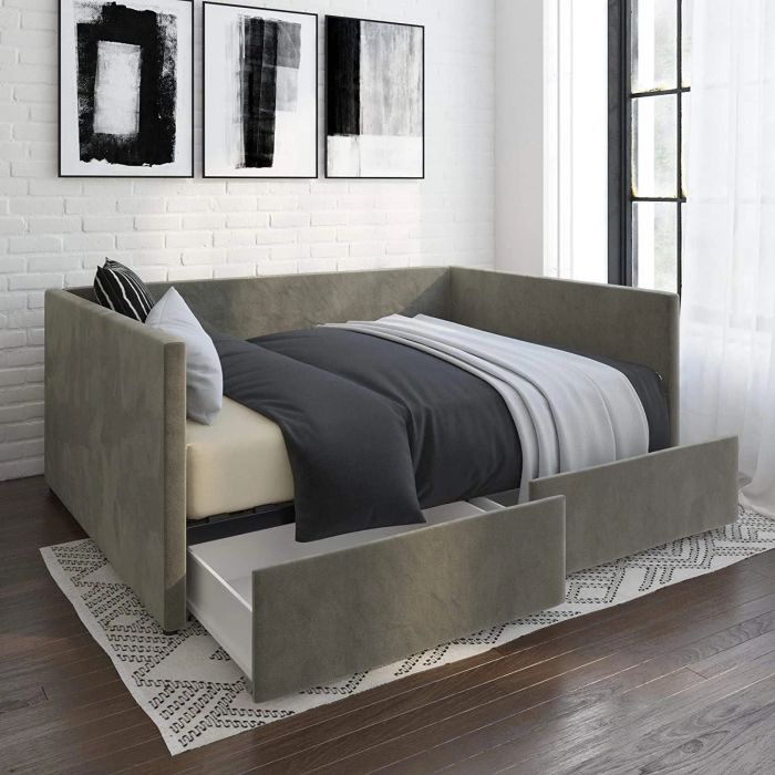grey velvet daybed with pull-out storage compartments