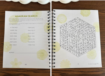 An anagram search puzzle featuring a cube with words on each side; the solutions are hidden. Page 102 includes a bonus anagram challenge