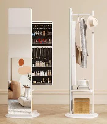 A mirrored cabinet with jewelry and skincare products on display, positioned next to a wardrobe stand holding coats and a hat
