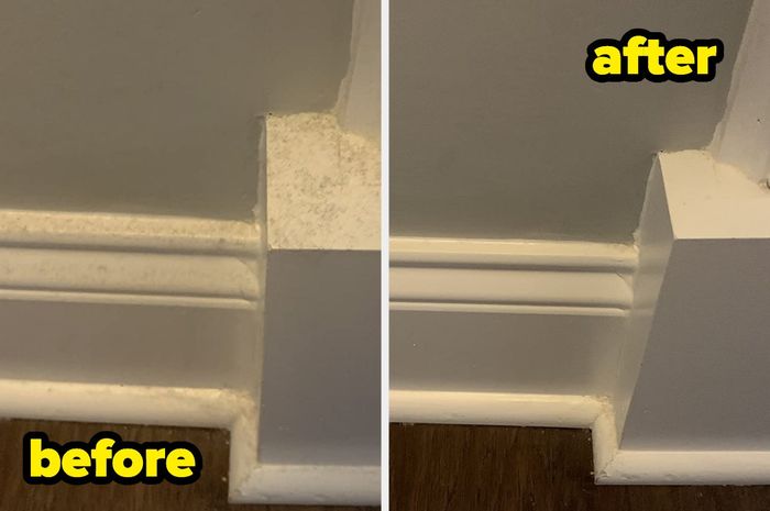 A before-and-after comparison of a reviewer's once dusty baseboards, now spotless.