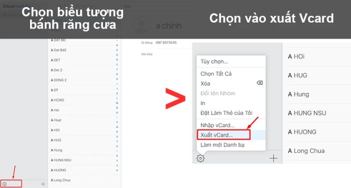 Nhấn vào mục “Xuất danh bạ” hoặc “Export Contact”.