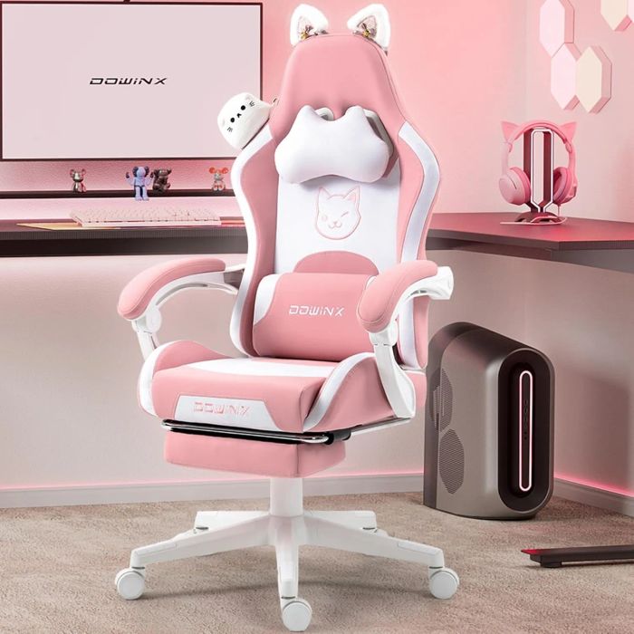 Gaming chair with cute cat ears and paw-themed cushions, placed in a stylish gaming setup